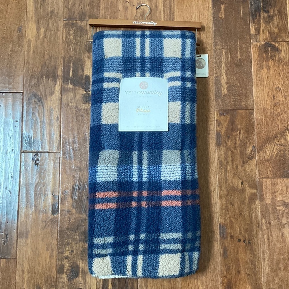 Plaid Sherpa Throw Blanket Blue & Taupe NEW